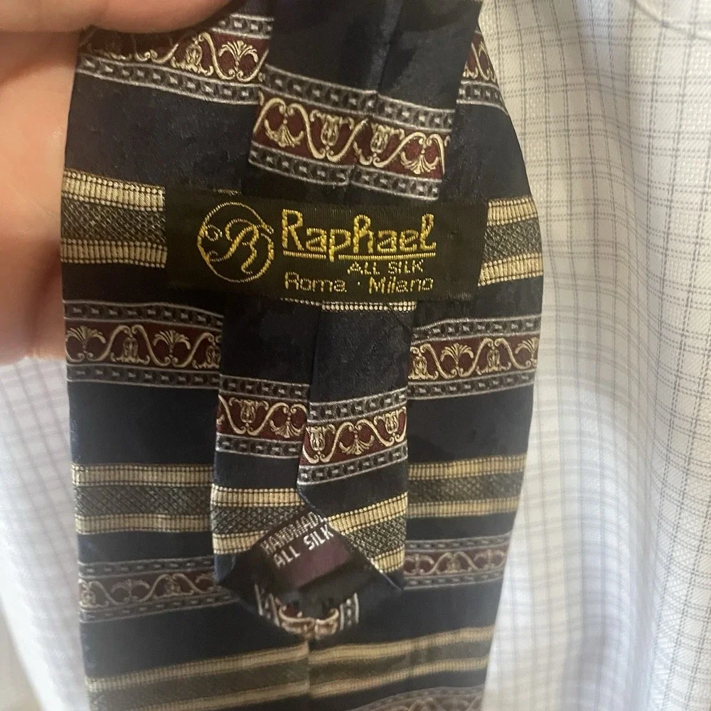 Raphael All Silk‎ Tie Handmade Italy Black Gold Red Stripe Baroque Pattern